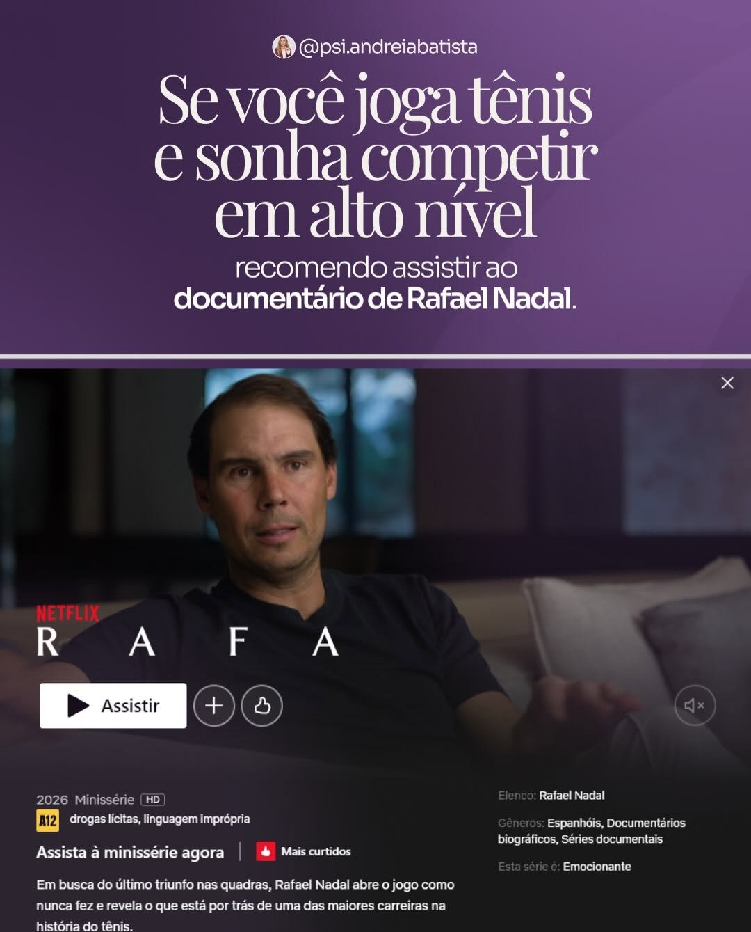 Post do Instagram da Dra. Andréia sobre Rafael Nadal